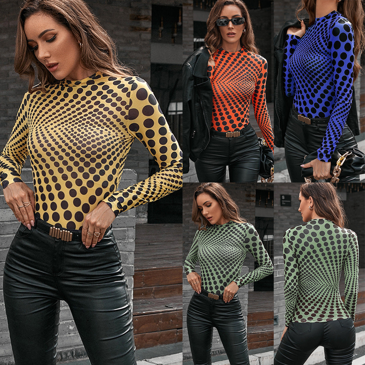 Women's Fitted Long-Sleeve Shirt with Graphic Dot Design