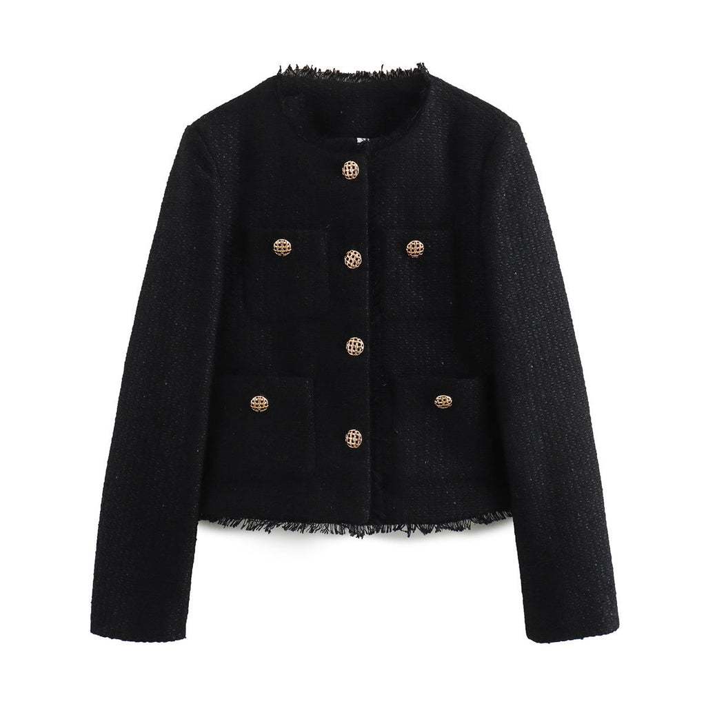Women's Elegant Cropped Blazer Jacket with Textured Fabric and Gold Buttons