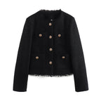 Women's Elegant Cropped Blazer Jacket with Textured Fabric and Gold Buttons