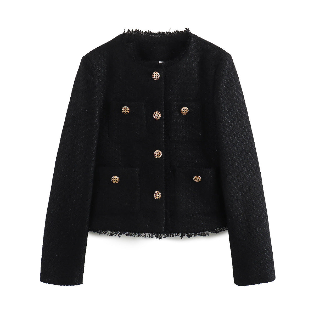 Women's Elegant Cropped Blazer Jacket with Textured Fabric and Gold Buttons