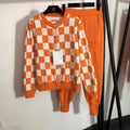 Women's Fashionable Plaid Knit Set with Button Detail and Casual Pants