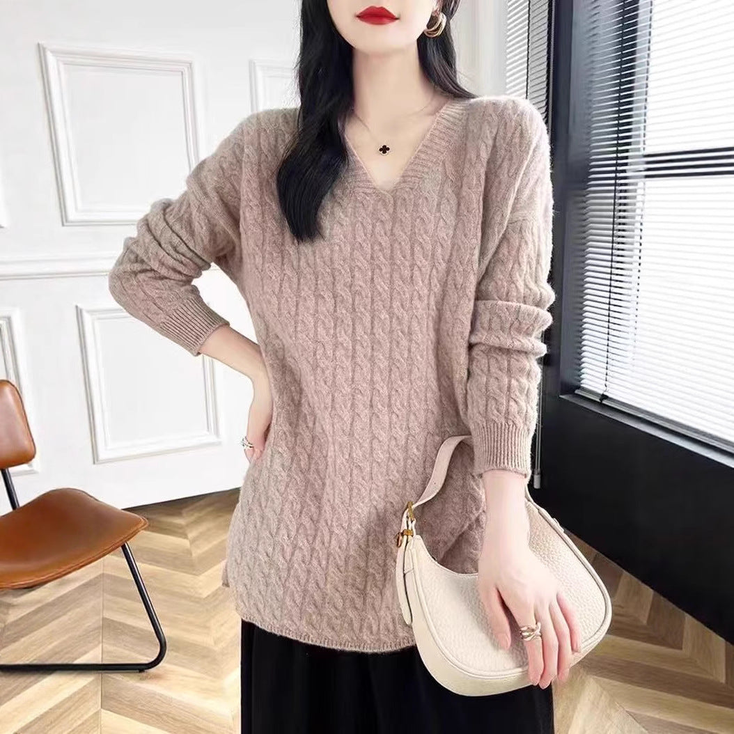 Women's Chunky Knit Sweater with V-Neck and Casual Fit