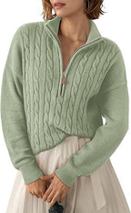 Women's Chunky Knit Sweater with Mock Neck and Half-Zip
