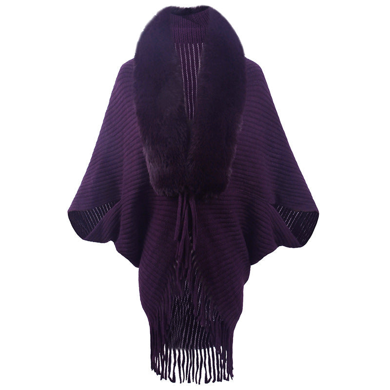Women's Luxurious Knit Poncho with Faux Fur Collar and Fringe