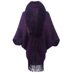 Women's Luxurious Knit Poncho with Faux Fur Collar and Fringe