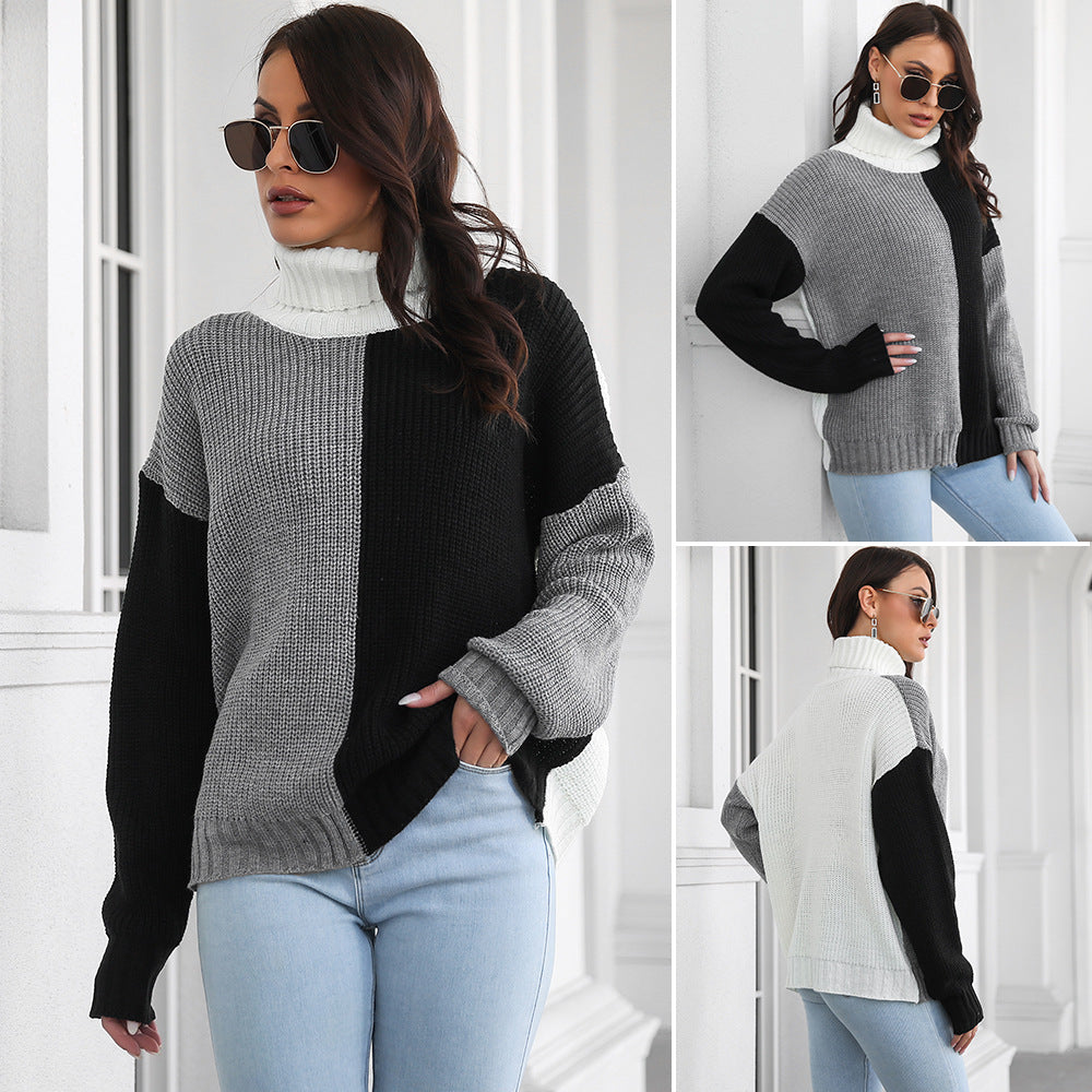 Women's Chunky Knit High-Neck Colorblock Sweater