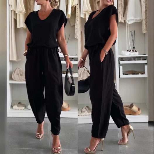 Women's Casual Jumpsuit with Elastic Waist and Pockets