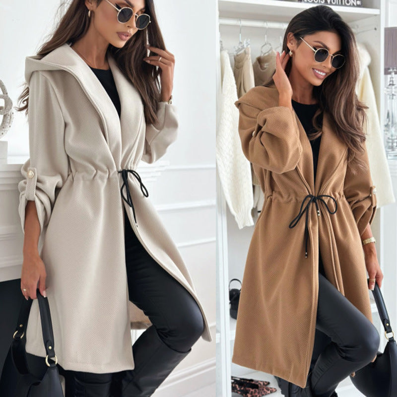 Loose Hooded Sweatcoat with Adjustable Waist and Elegant Details