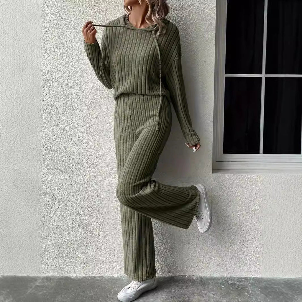 Women's Casual Knit Set with Soft Hoodie and Wide-Leg Pants