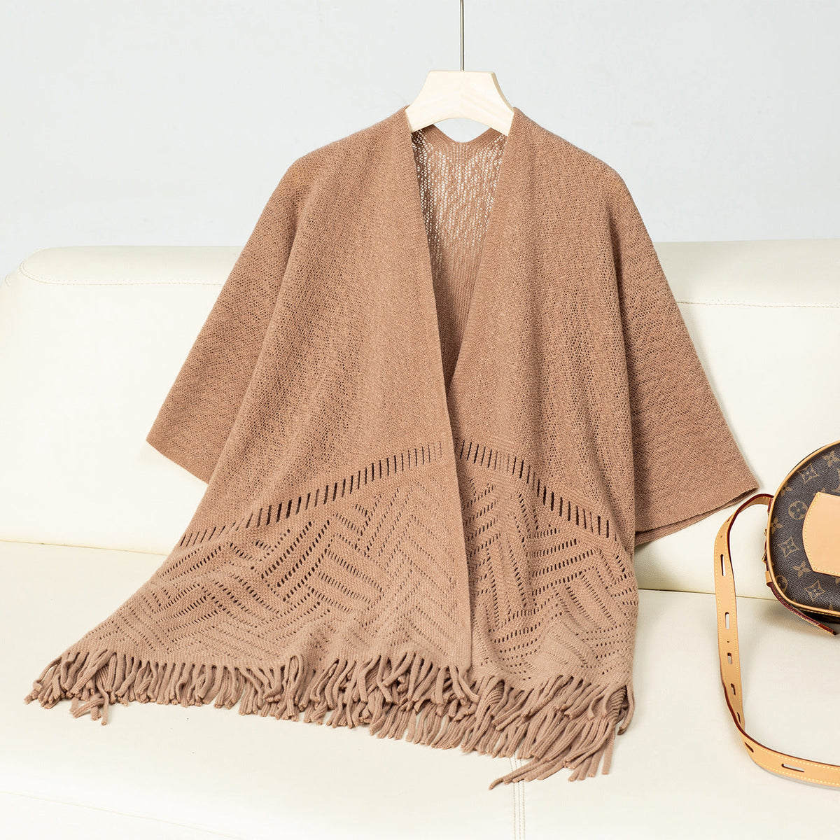 Elegant Knit Poncho with Fringed Details and Pattern