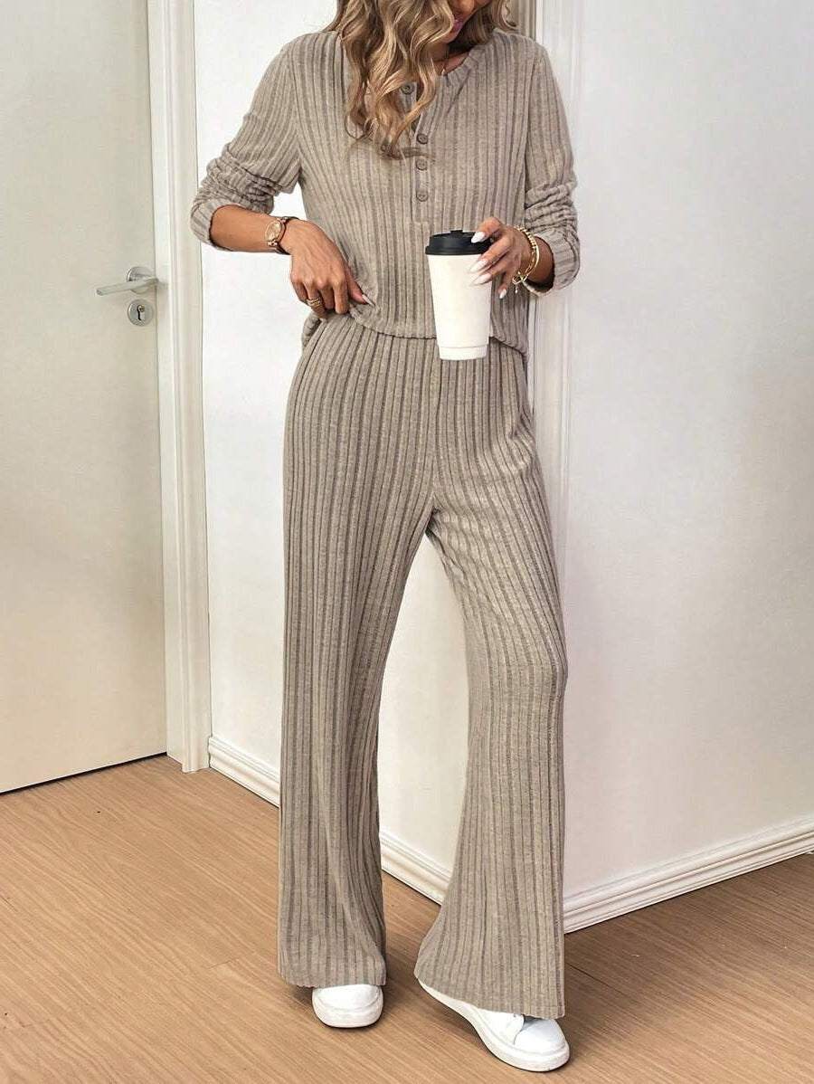 Casual Ribbed Lounge Set with Button Detail