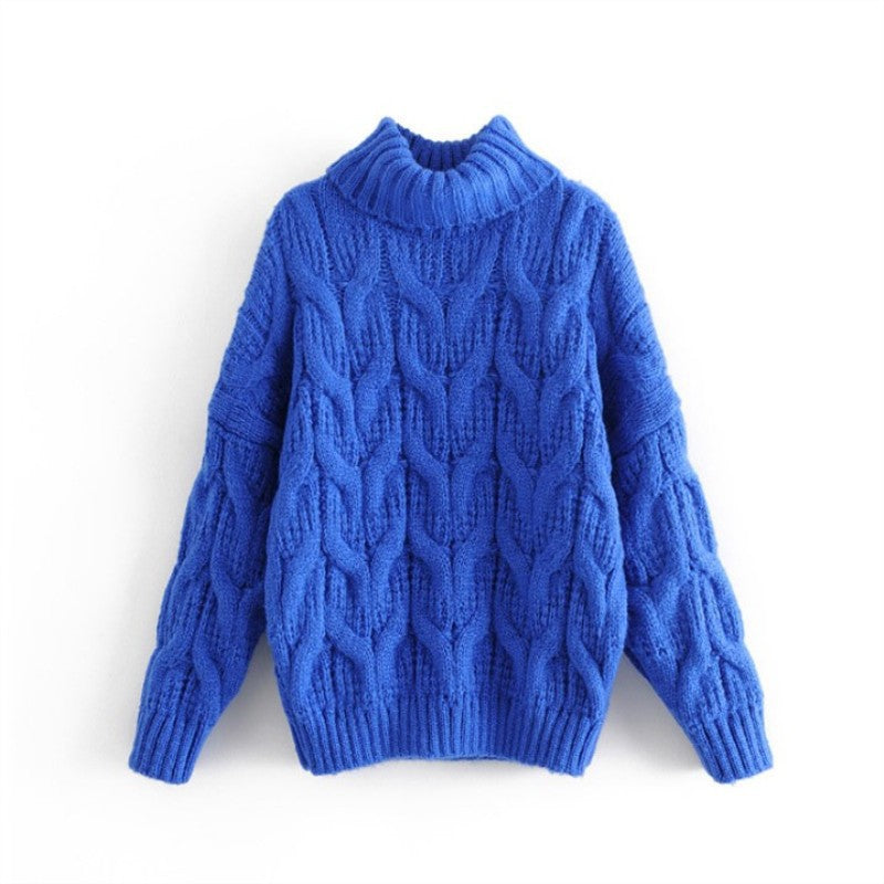 Women's Chunky Knit Sweater with High Collar and Elegant Cable Pattern