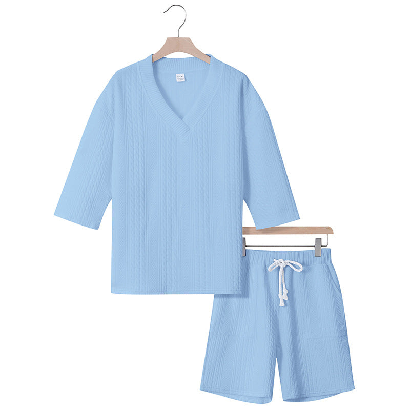 Unisex Casual Lounge Set with V-Neck Top and Drawstring Shorts