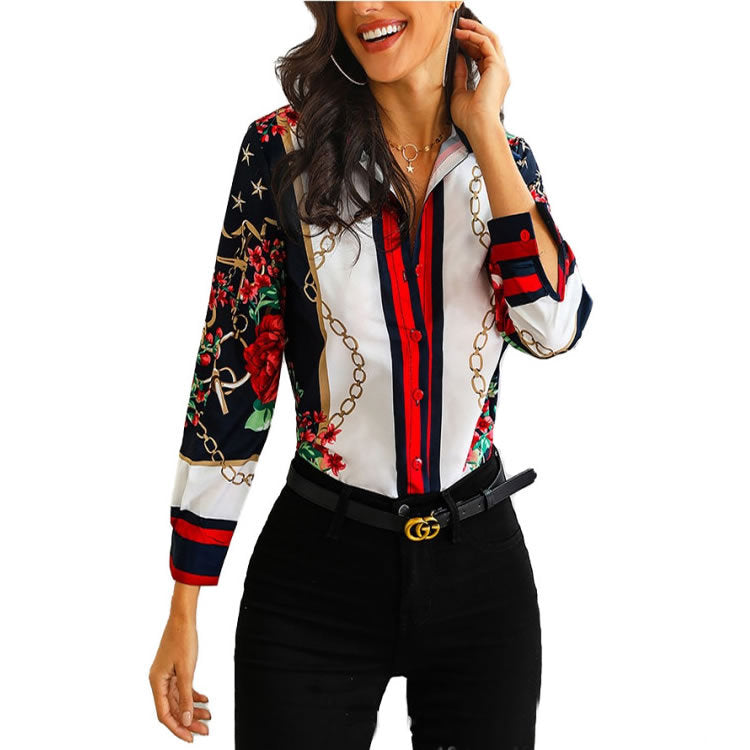 Elegant Women's Long-Sleeve Blouse with Floral Print and Chain Motif