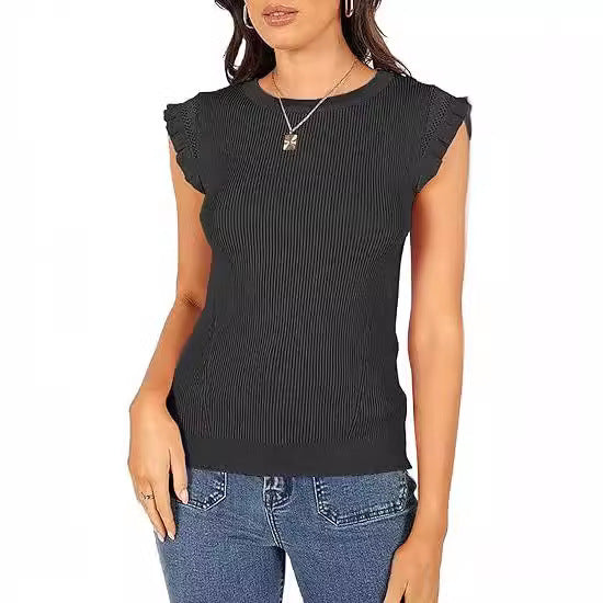 Women's Form-Fitting Ribbed Shirt with Ruffles