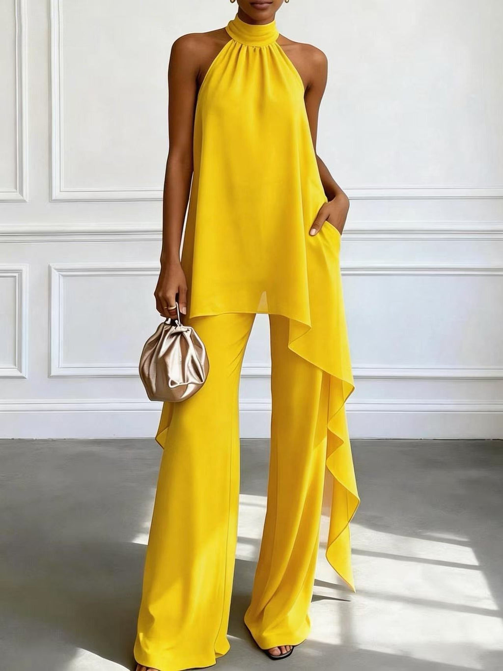 Evening Two-Piece Set with Gathered Mock Neck and Wide-Leg Trousers