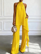Evening Two-Piece Set with Gathered Mock Neck and Wide-Leg Trousers