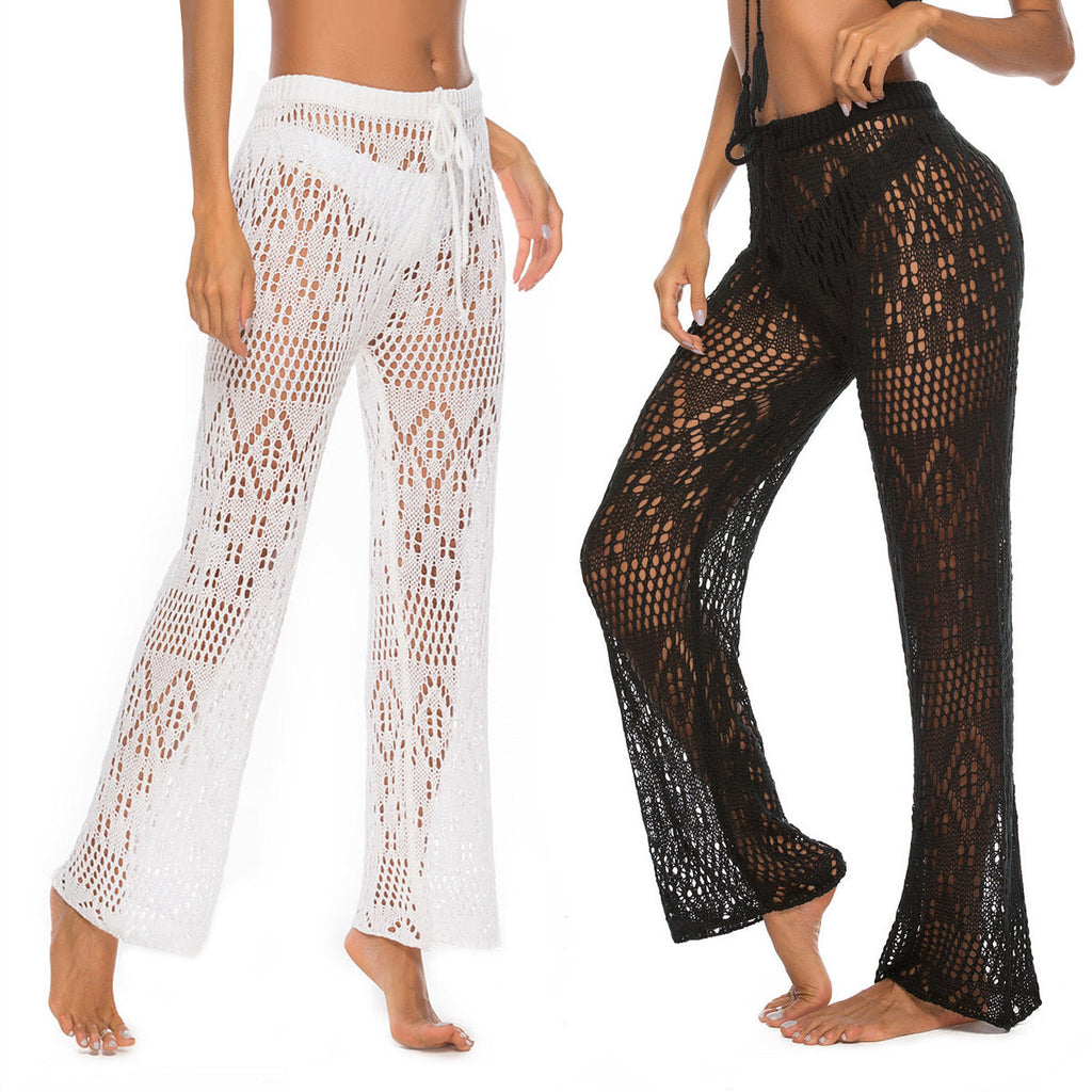Women's Wide-Leg Crochet Beach Pants with Openwork Design