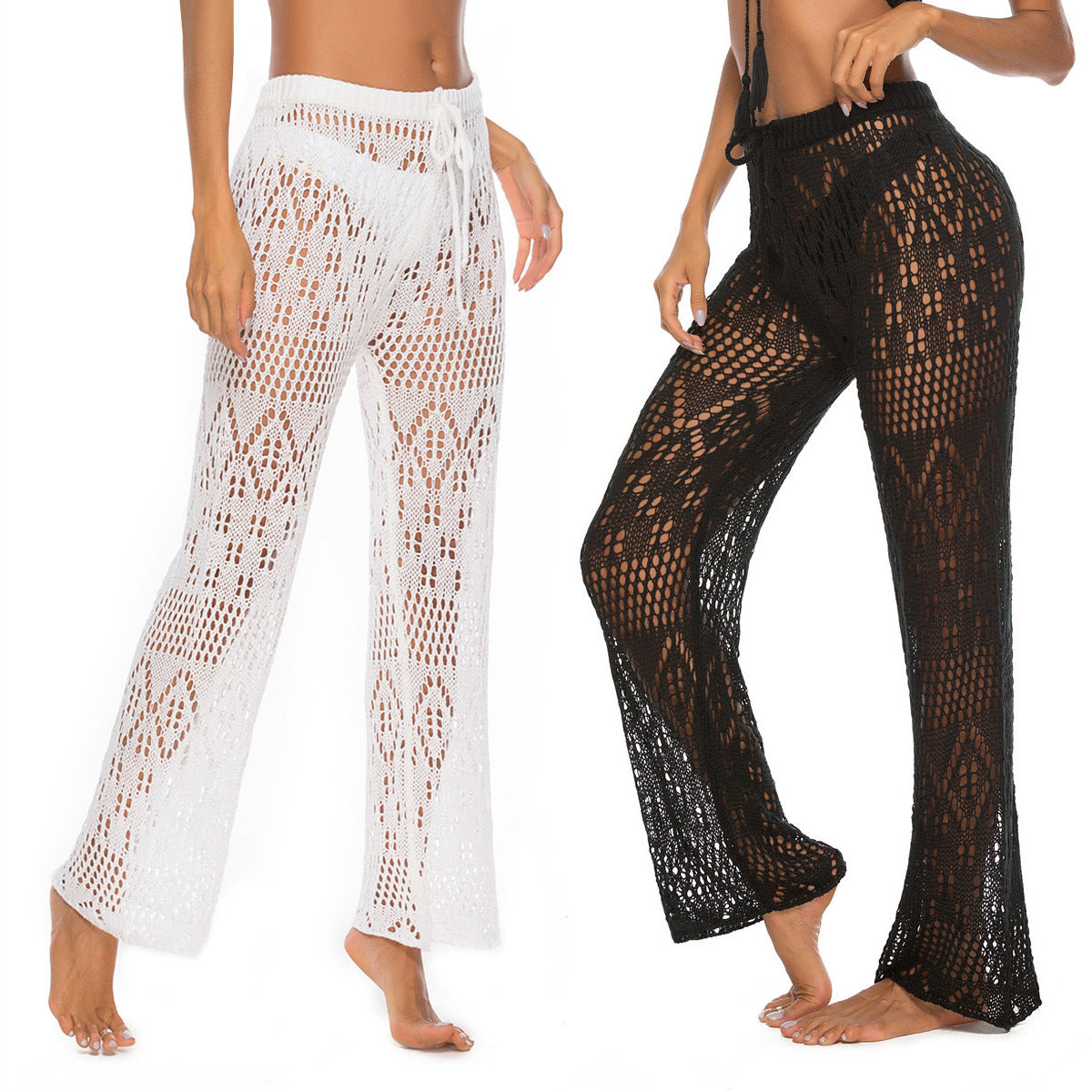 Women's Wide-Leg Crochet Beach Pants with Openwork Design