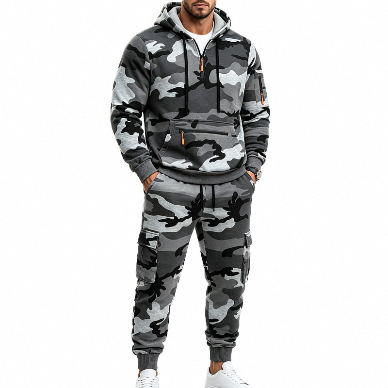 Men's Two-Piece Camouflage Tracksuit Set with Hoodie Sweatshirt and Cargo Joggers