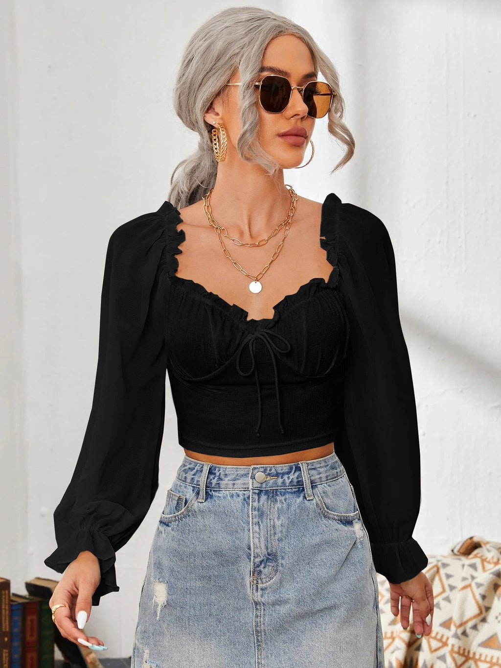 Women's Cropped Blouse with Ruffles and Puff Sleeves