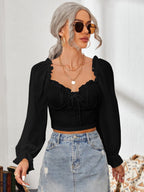 Women's Cropped Blouse with Ruffles and Puff Sleeves