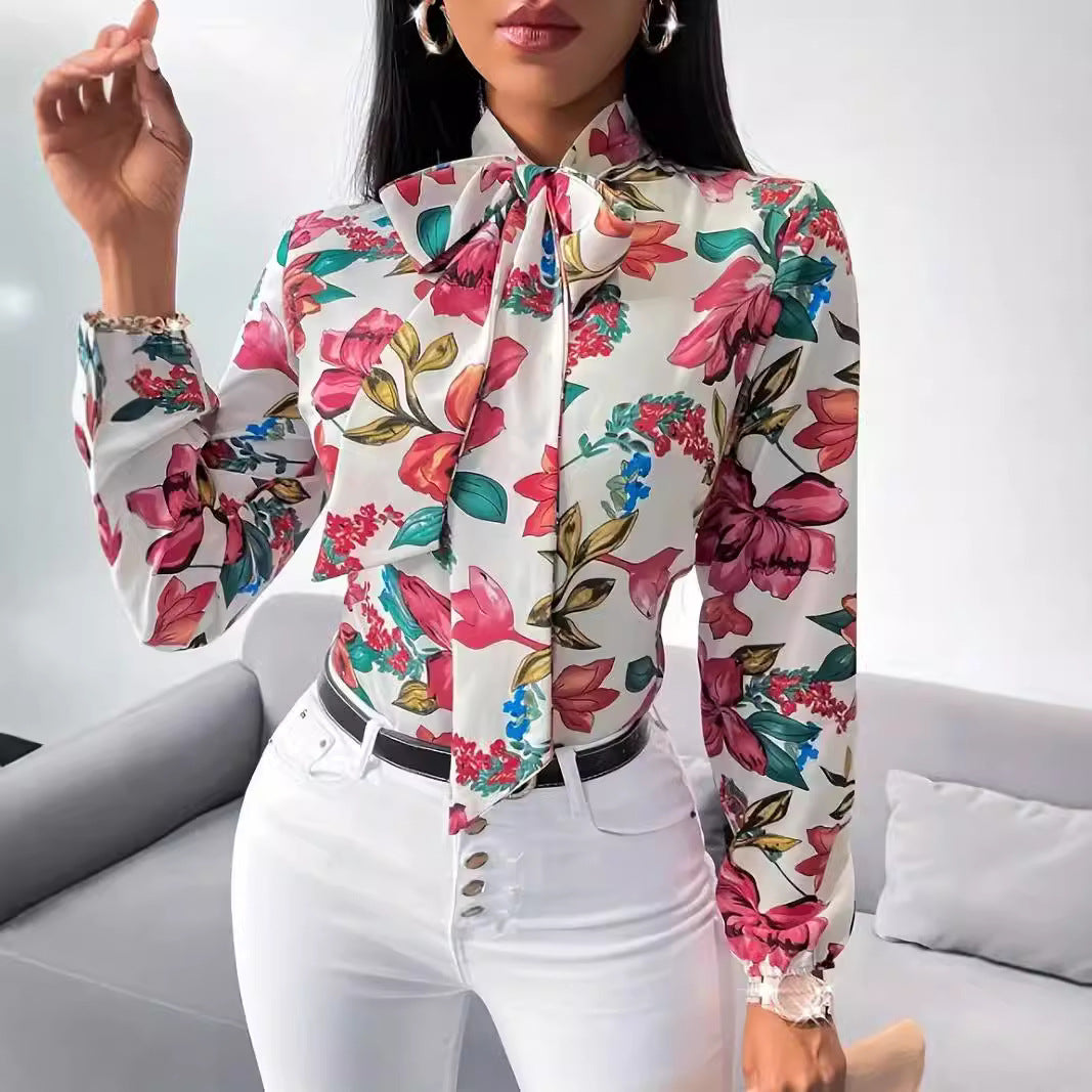 Women's Blouse with Bow Detail and Floral Design
