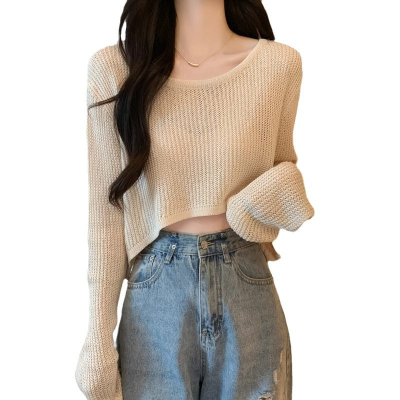Women's Cropped Knit Sweater with Fine Texture and Relaxed Shoulders