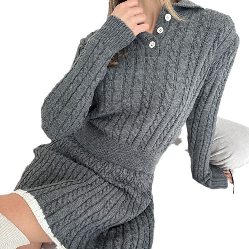 Women's Cable Knit Set with Polo Collar and A-Line Skirt