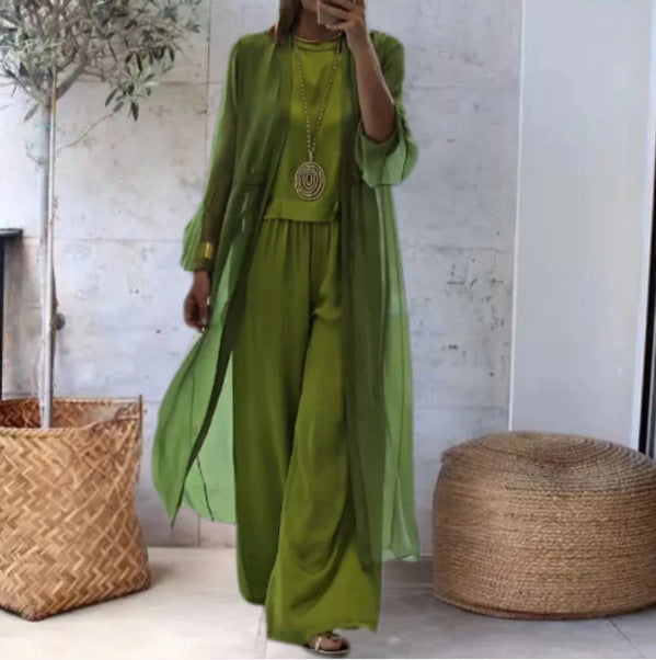 Elegant Chiffon Two-Piece Set with Wide-Leg Palazzo Trousers and Long Kimono Cover-Up