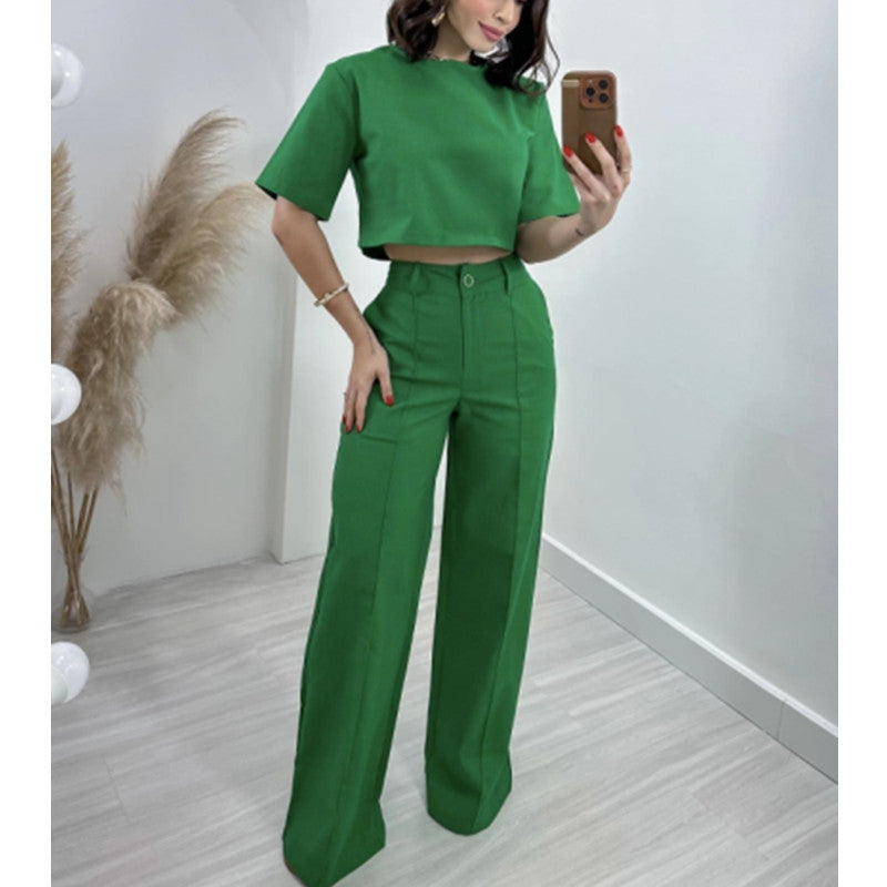 Women's Fashionable Crop Top and Wide-Leg Trousers Set