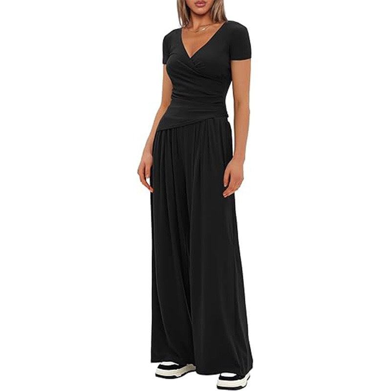 Women's Elegant Wrap Jumpsuit with Wide Leg and Fashionable Details