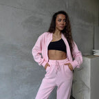 Women’s loungewear set with short zip jacket and high-waisted jogging pants with side split