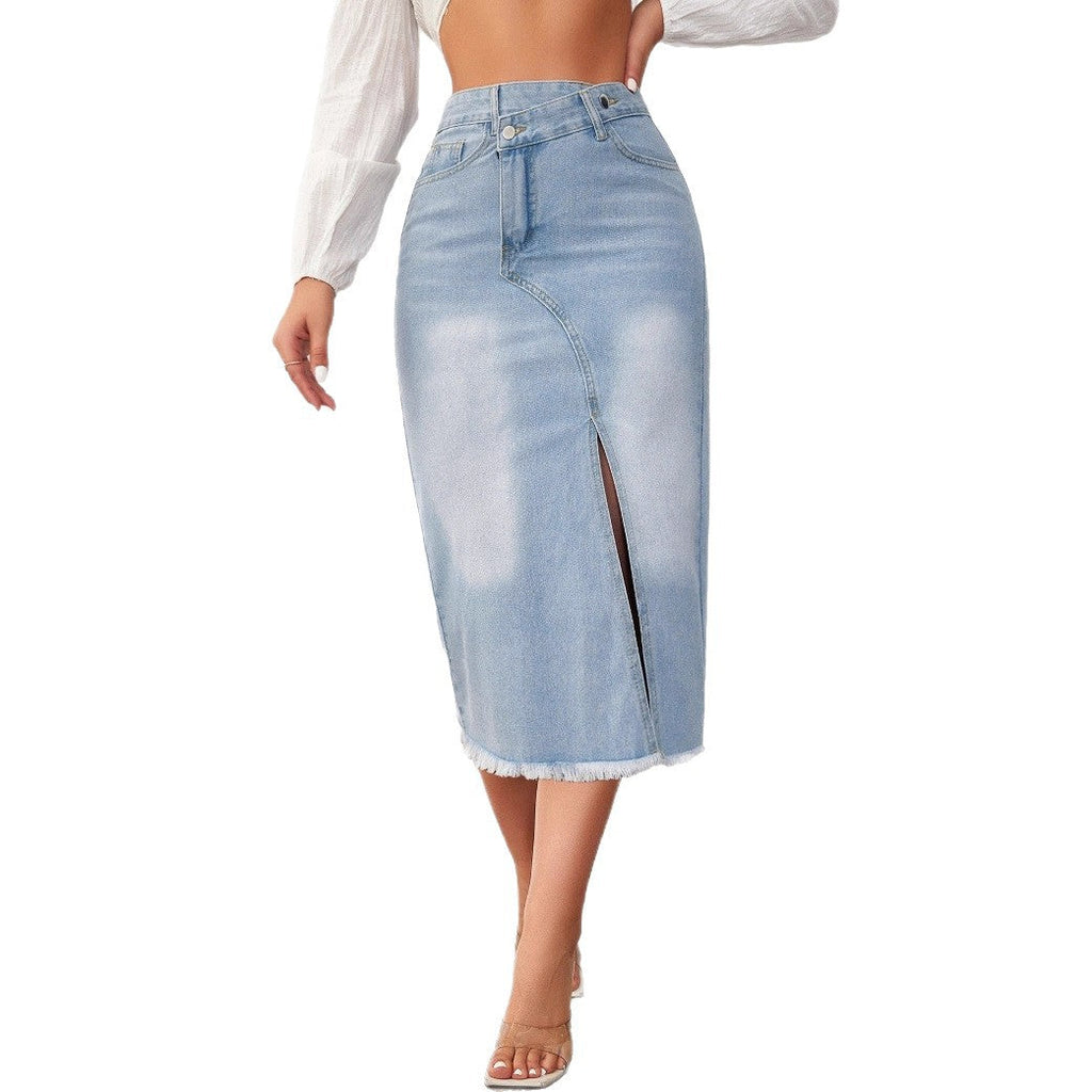 Women's Denim Midi Skirt with High Slit and Frayed Hem