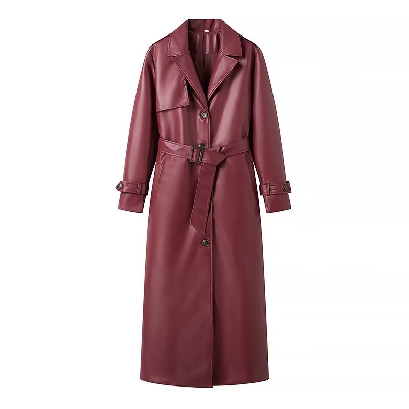 Elegant Women's Faux Leather Trench Jacket with Belt and High Lapels
