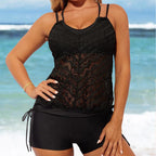 Women's Swim Dress with Ruching and Lace Pattern
