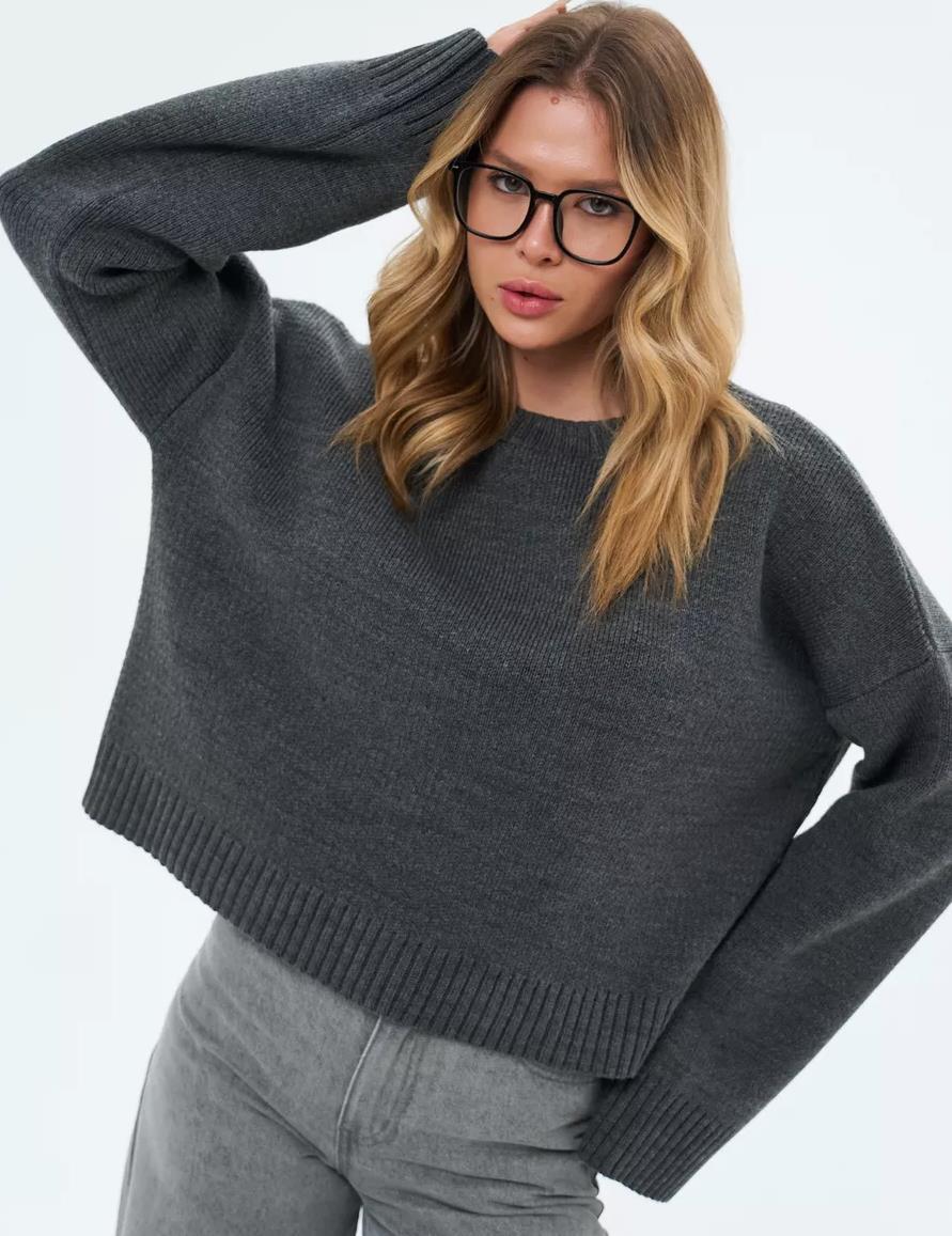 Women's Cozy Cropped Sweater with Relaxed Balloon Sleeves and Ribbed Texture