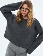 Women's Cozy Cropped Sweater with Relaxed Balloon Sleeves and Ribbed Texture