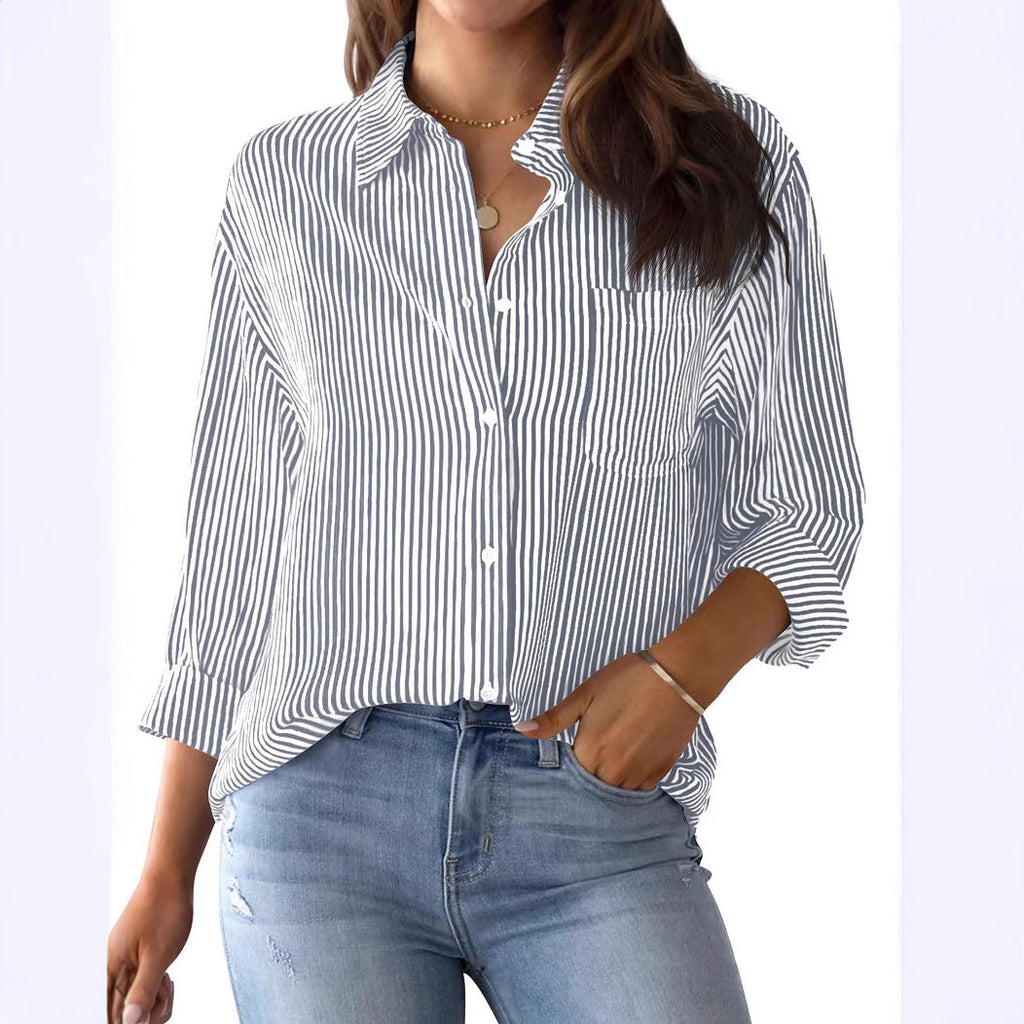 Women's Loose Striped Shirt with Chest Pocket and Roll-Up Sleeves