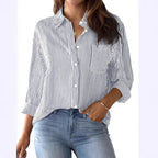 Women's Loose Striped Shirt with Chest Pocket and Roll-Up Sleeves