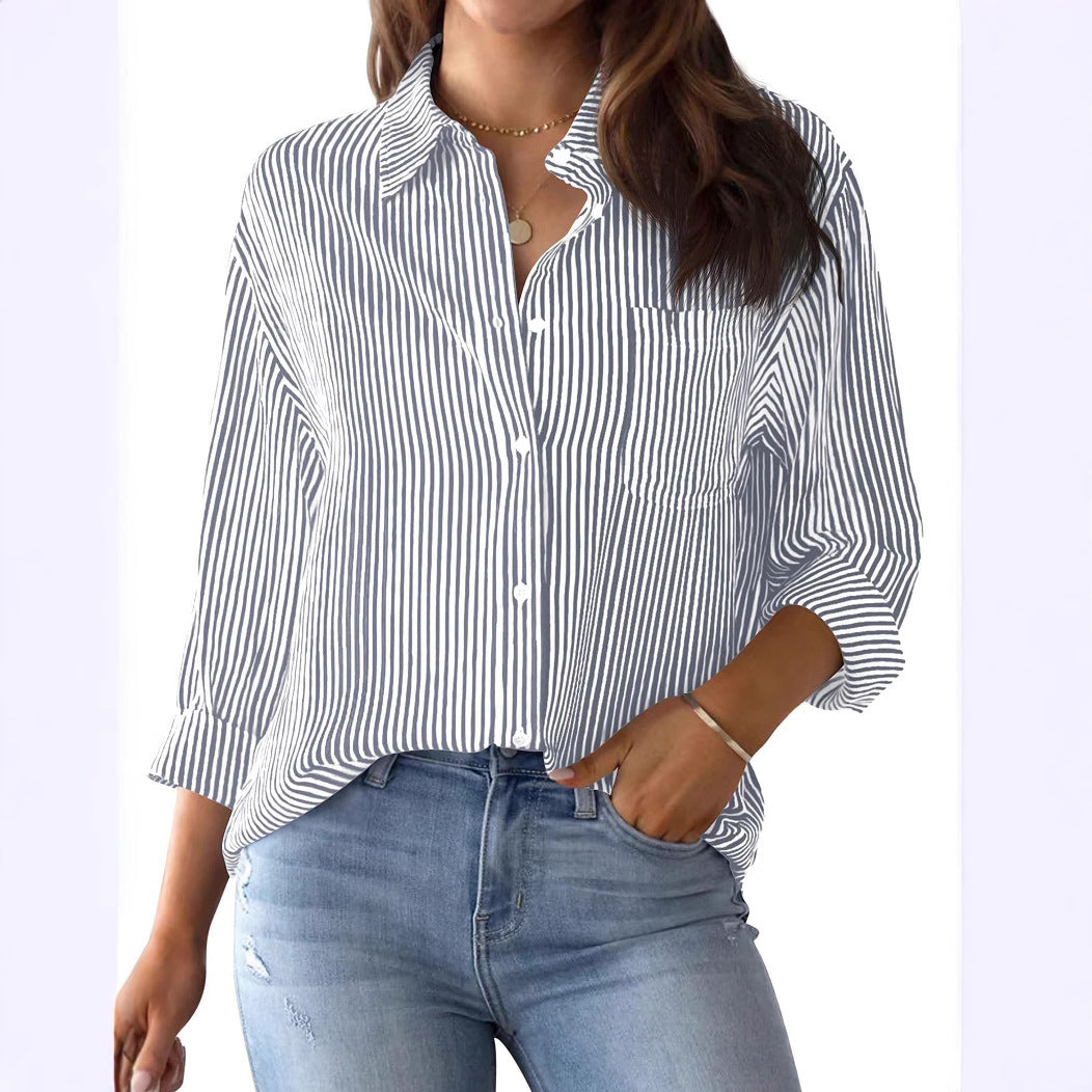 Women's Loose Striped Shirt with Chest Pocket and Roll-Up Sleeves