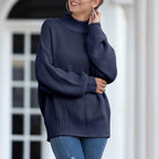 Women's Chunky Knit Sweater with High Collar and Loose Fit