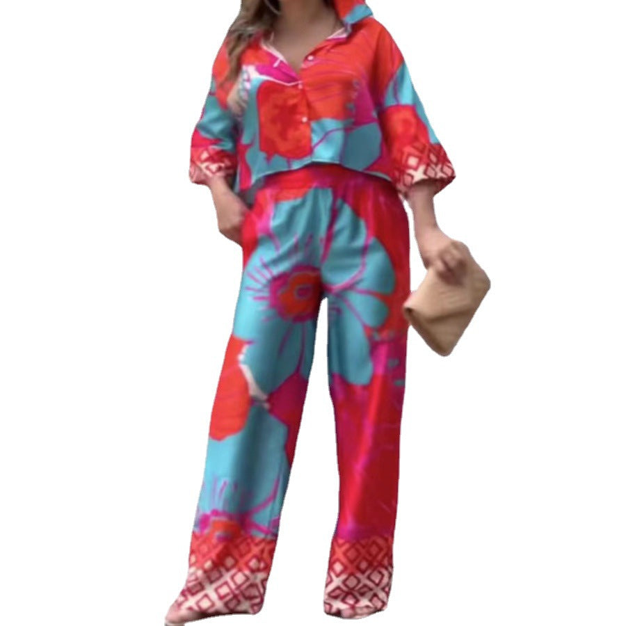 Casual Cropped Blouse and Wide-Leg Pants Set
