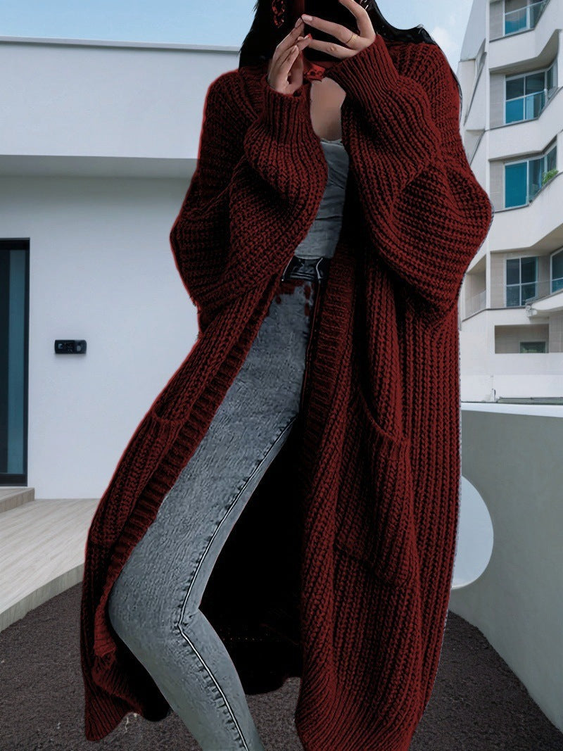 Women's Large Knit Cardigan with Open Sleeves and Cozy Fit