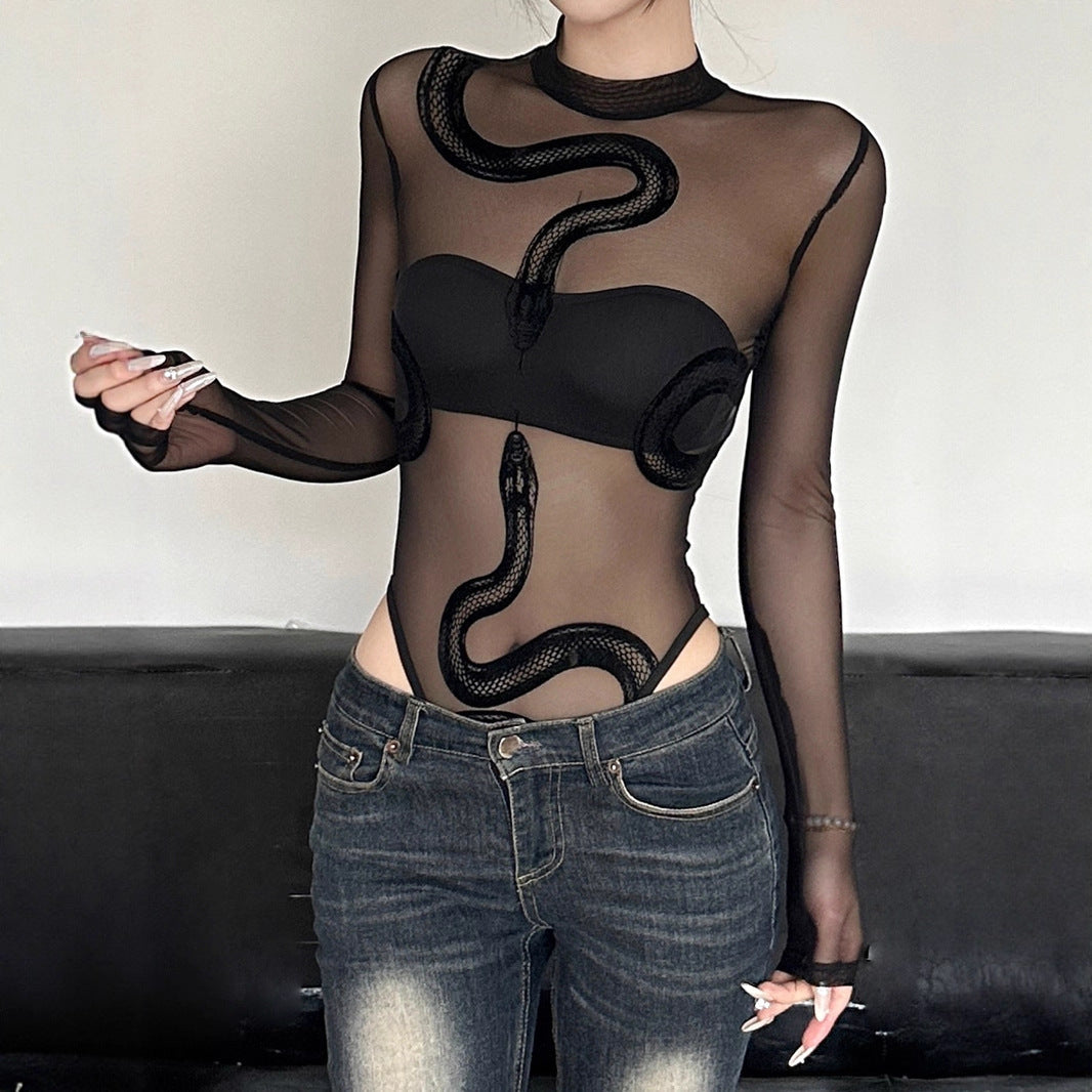 Women's Sleeveless Mesh Top with Snake Design