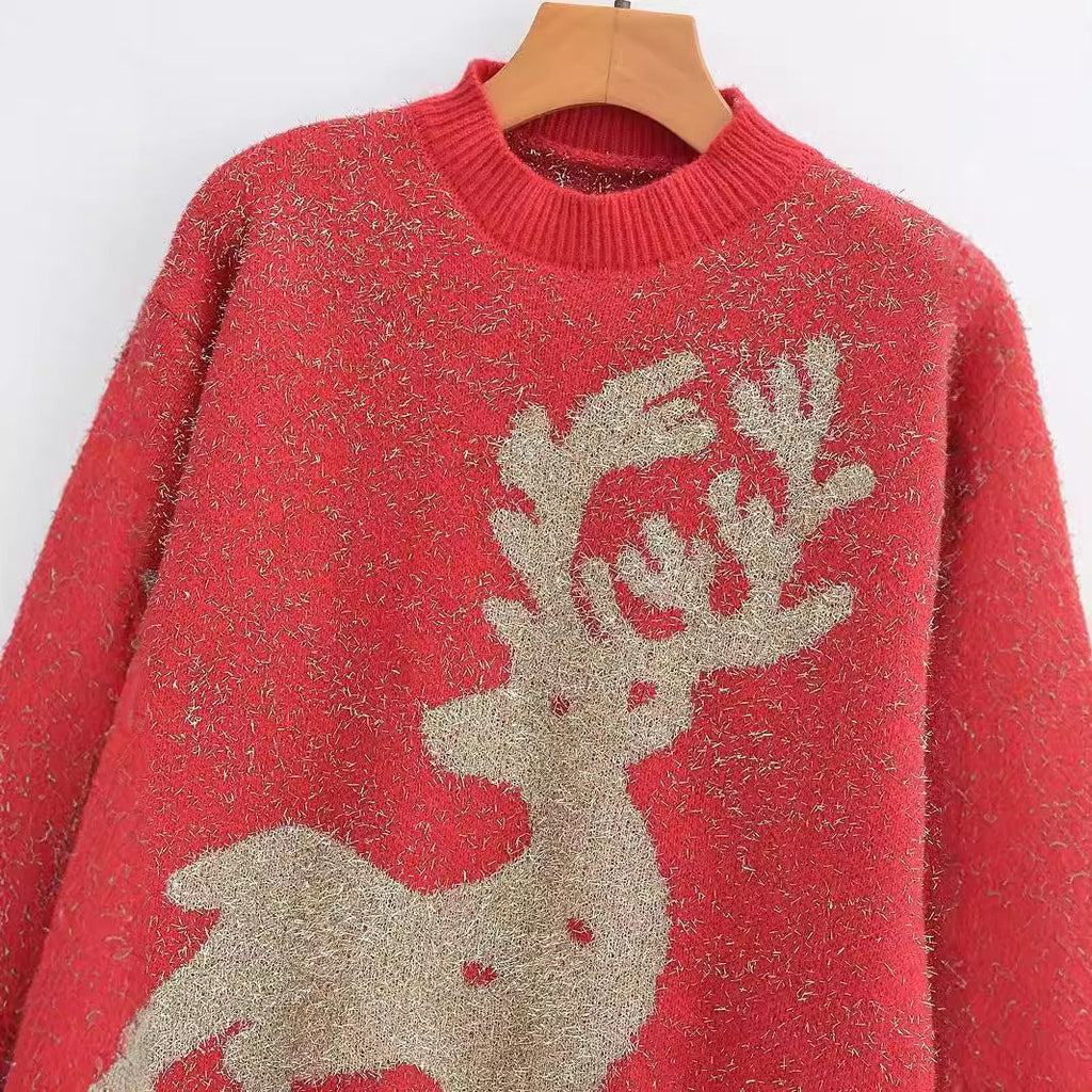 Women's Festive Sweater with 3D Reindeer Motif