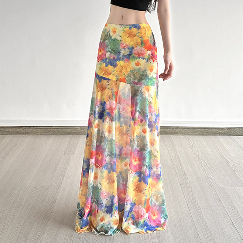 Women's Maxi Skirt with Floral Chiffon Design and Flowing Hem