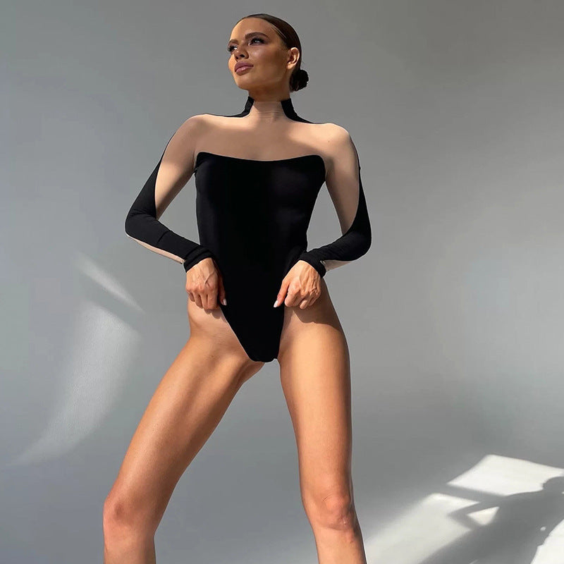 Women's Bodysuit with Transparent Sleeves and Chic Bustier Design
