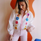 Women's Blouse with Colorful Embroidery and Romantic Ruffle Design