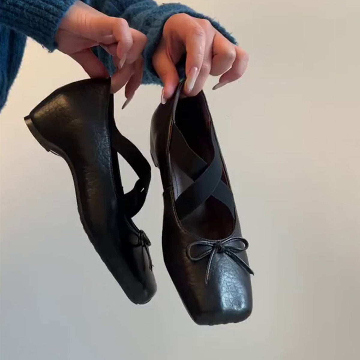 Women's Ballet Flats with Elastic Cross Straps and Decorative Bow Detail